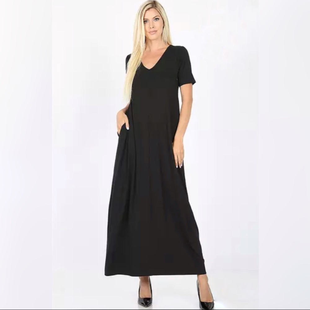 Zenana Premium XL Black v-Neck Maxi Dress Pockets